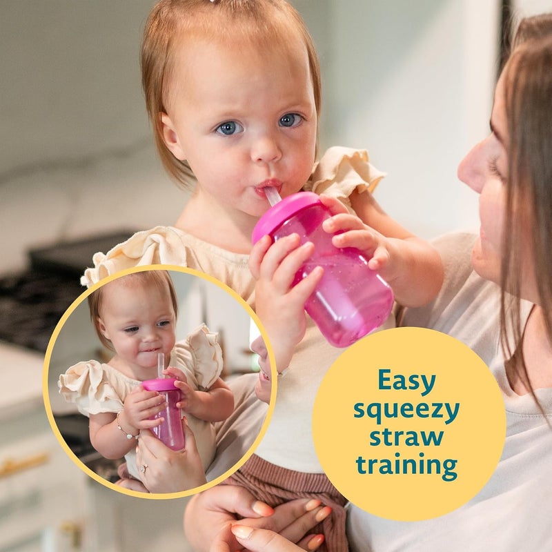 the FIRST years Squeeze & Sip Toddler Straw Cups - Squeezable Transition Sippy Cup with Silicone Straw - Toddler Feeding Supplies - Yellow/Pink/Orange - 7 Oz - 3 Count - Ages 6 Months and Up - Image 2